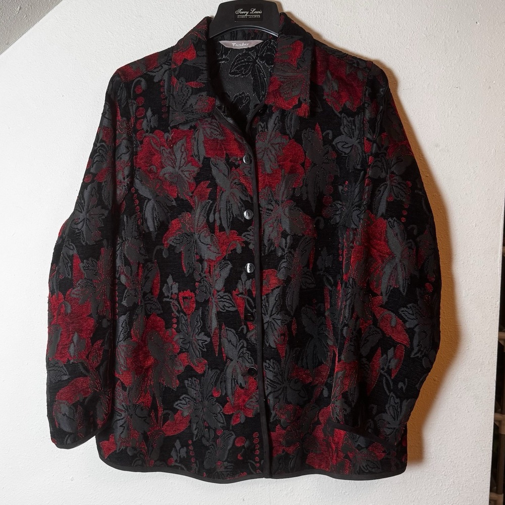 Tanjay Women's Reversible Jacket Black Red Floral Jacquard Button Front XL